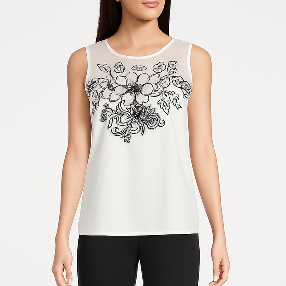 Worthington White Floral Mesh Embroidered Sleeveless Top Women’s Large - Picture 1 of 9